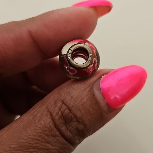 Murano Glass Bead Flower Charm 925 Burgandy - Picture 7 of 16